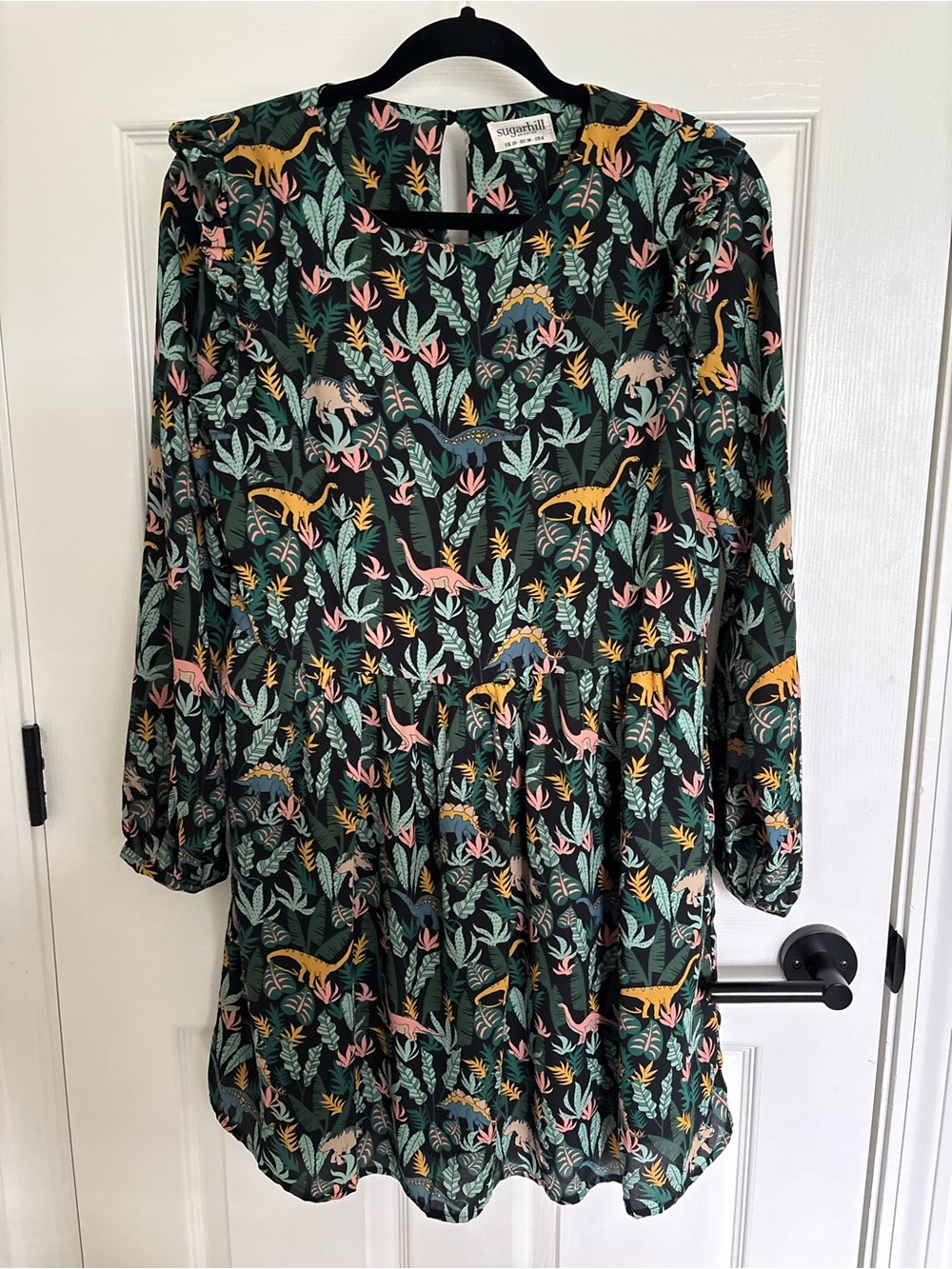 Sugarhill London Green Botanical Dinosaur Print teacher Dress cute chiffon